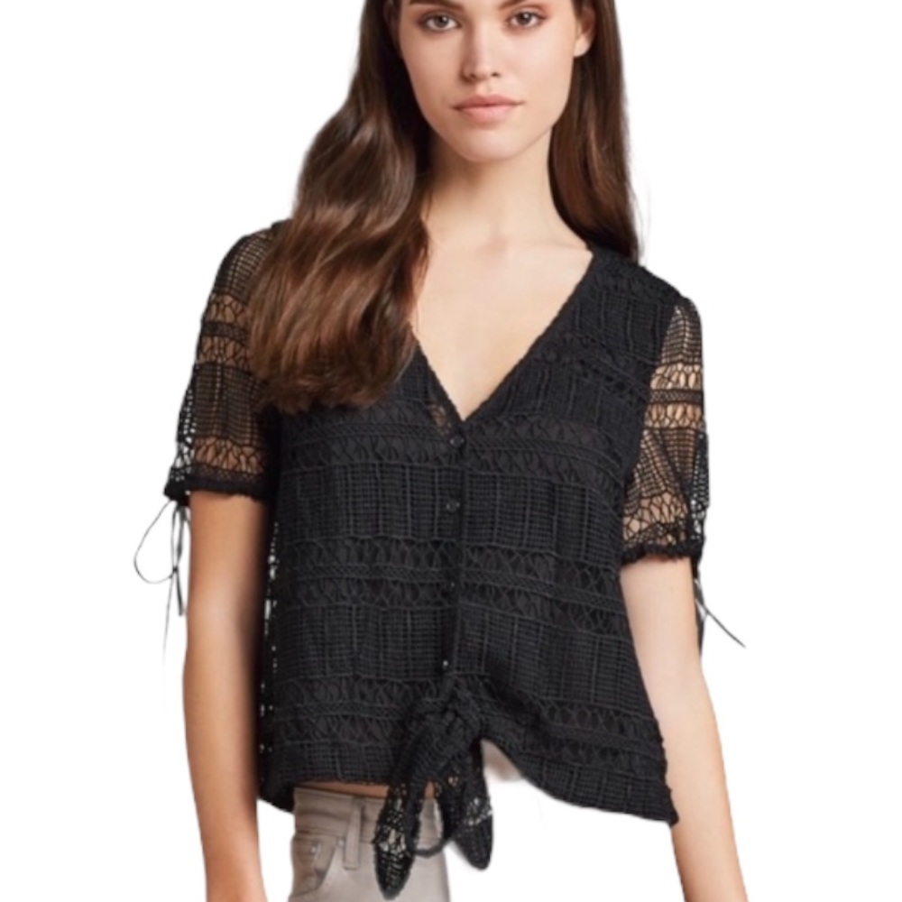 TULAROSA Revolve tie waist button mesh lace crochet overlay black blouse Medium